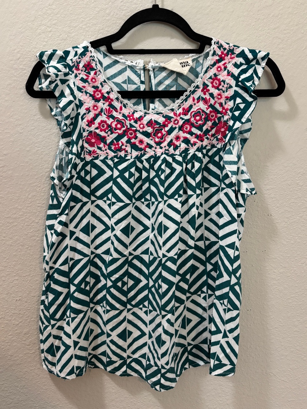Savanna Jane Floral Embroidered Teal Geometric Blouse Size Small
